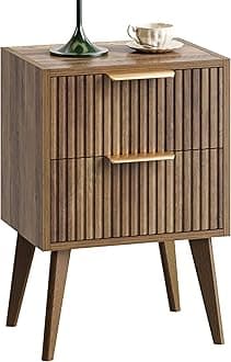 YAUKOMEL Mid Century Modern Nightstand,Small Bedside Table with 2 Drawers,Fluted Side Table,Walnut Brown End Table for Living Room,Bedroom,Small Space,Caramel Oak 11.8" D x 15.7" W x 22.8" H CTG55BR