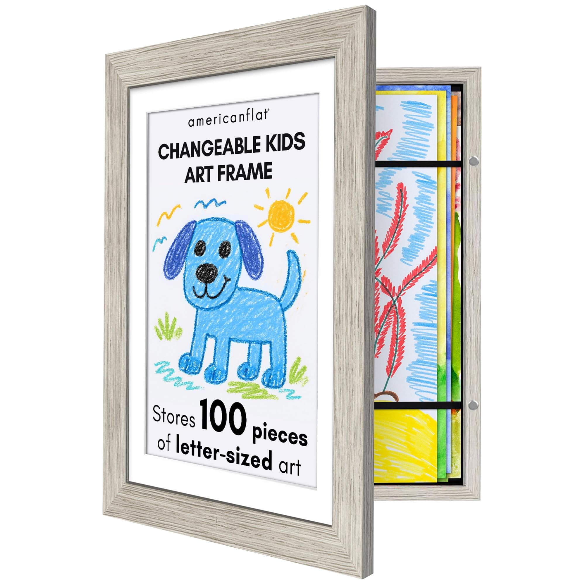 Americanflat 10x12.5 Kids Art Frame - Front Loading Picture Frame - Use as 8.5x11 Frame with Mat or 10x12.5 Frame Without Mat - My Mini Masterpiece - Holds 100 Artworks - Driftwood