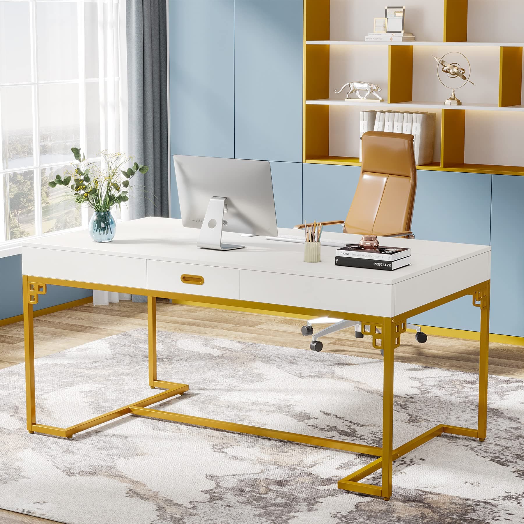 Tribesigns Executive Desk, 63” W x 31.5” D Large Office Desk, Rectangular Conference Table Meeting Room Table, Modern Computer Desk for Home Office, Conference Room, Gold ad White