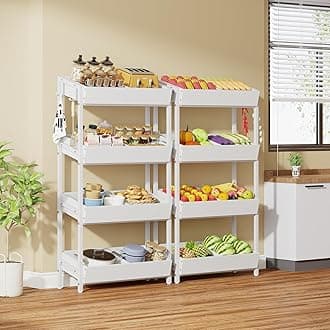 Tribesigns Wood Fruit and Vegetable Basket Stand Rack for Kitchen, Office, Store, Supremarket, Pantry Shelf Unit for Snacks, 4-Tier Wooden Utility Storage Shelves Set of 2 (White)