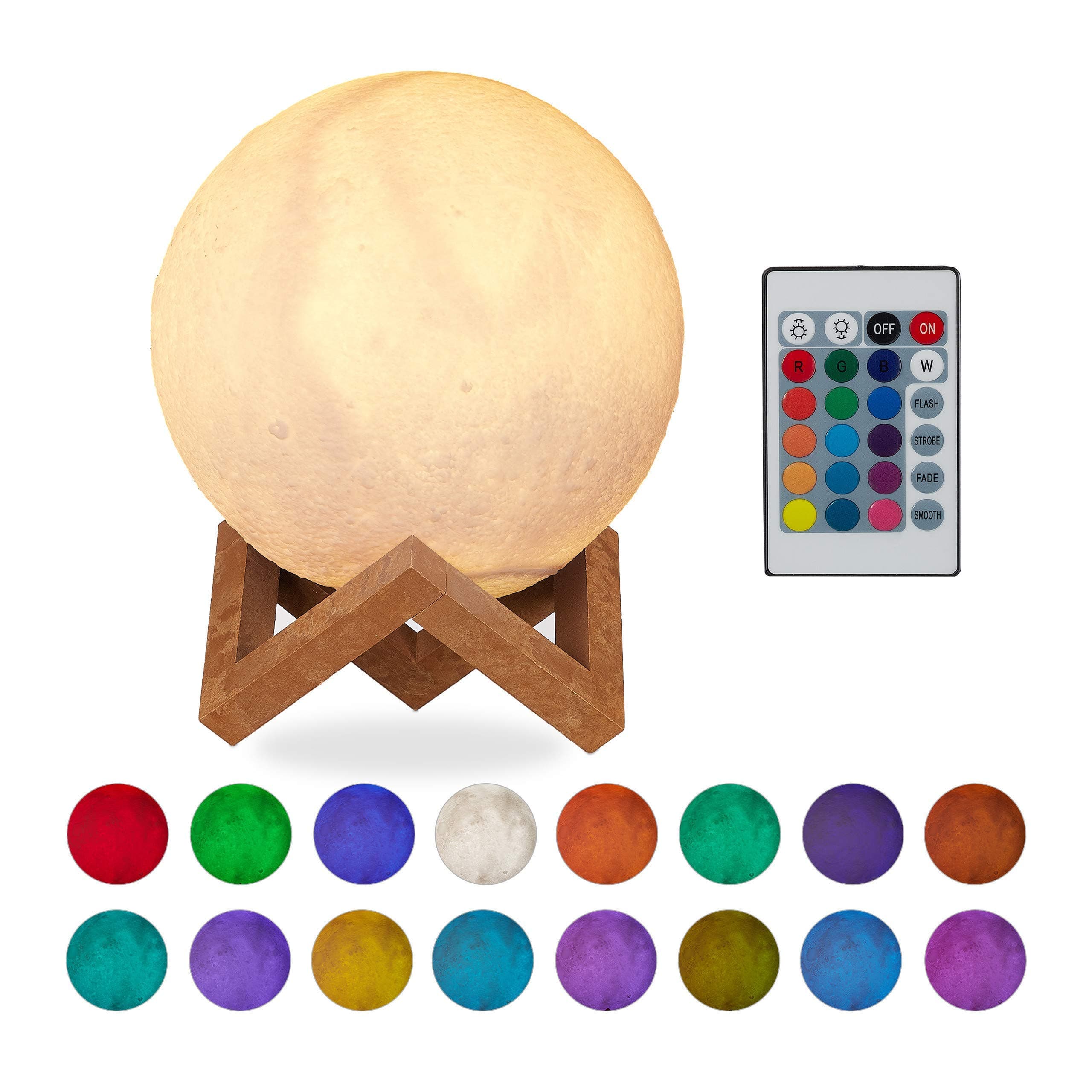 RelaxdaysMoon Lamp 3D, 16 Colours, Dimmable, Remote Control, Wireless, With Stand, Children, Moonlight LED, 15 cm, White