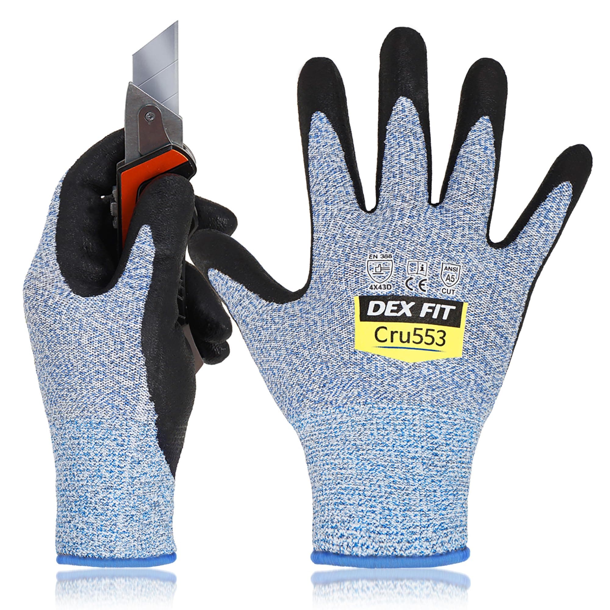 DEX FIT Cru553 Level 5 Cut Resistant Work Gloves, Comfortable Stretch 3D Adaption, Durable Nitrile Grippants, Smart Touch, Thin Light, Washable, Blue 6 (XS) 1 Pair