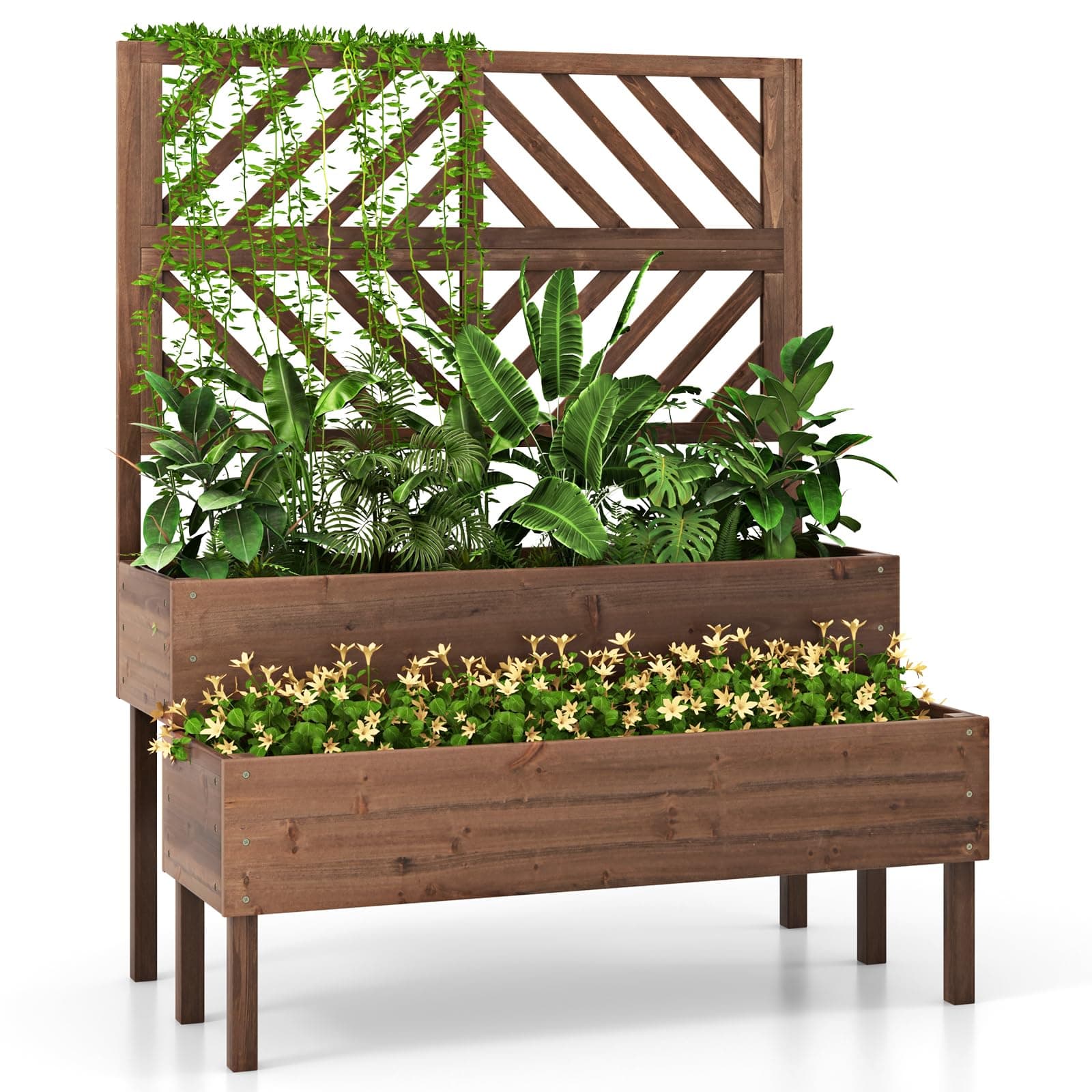 Raised Garden Bed with Trellis & 2 Planter Boxes, 2-Tier Outdoor Wooden Elevated Planter Box with Legs & Drainage Holes, Gardening Planters for Flowers, Herbs, Vegetables & Fruits(Brown)