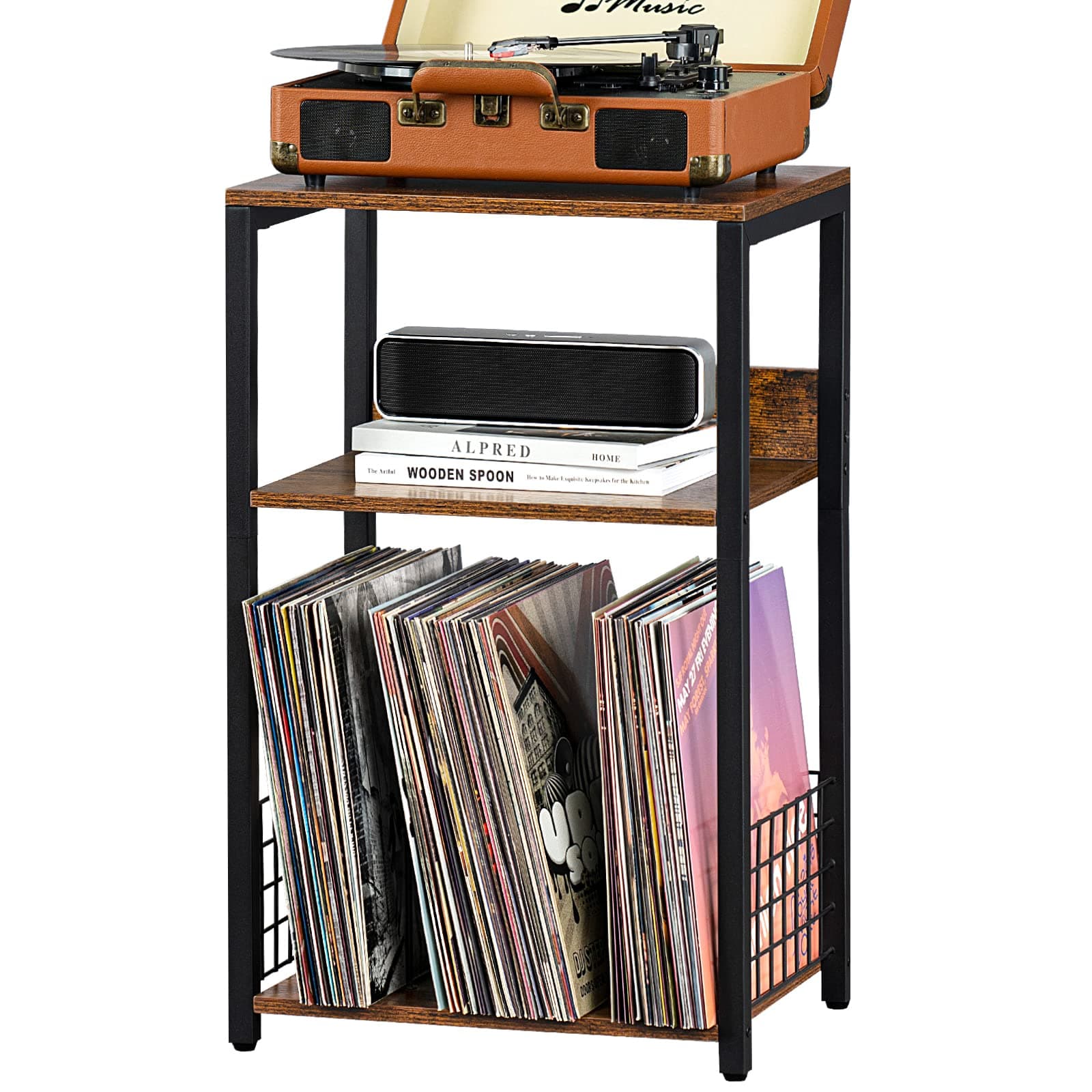3 Tier End Table, Record Player Stand with Storage Up to 100 Albums, Industrial Tall Side Tables, Turntable Stand for Vinyl Storage, Brown Records Player Holder Shelf for Living Room Bedroom