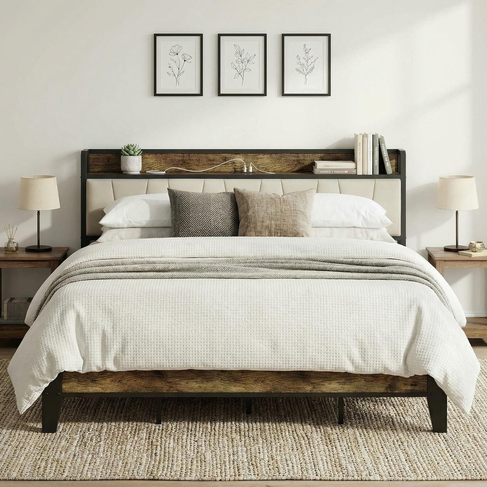 LIKIMIO King Bed Frame, Storage Headboard with Charging Station, Solid and Stable, Noise Free, No Box Spring Needed, Easy Assembly (Walnut and Beige)