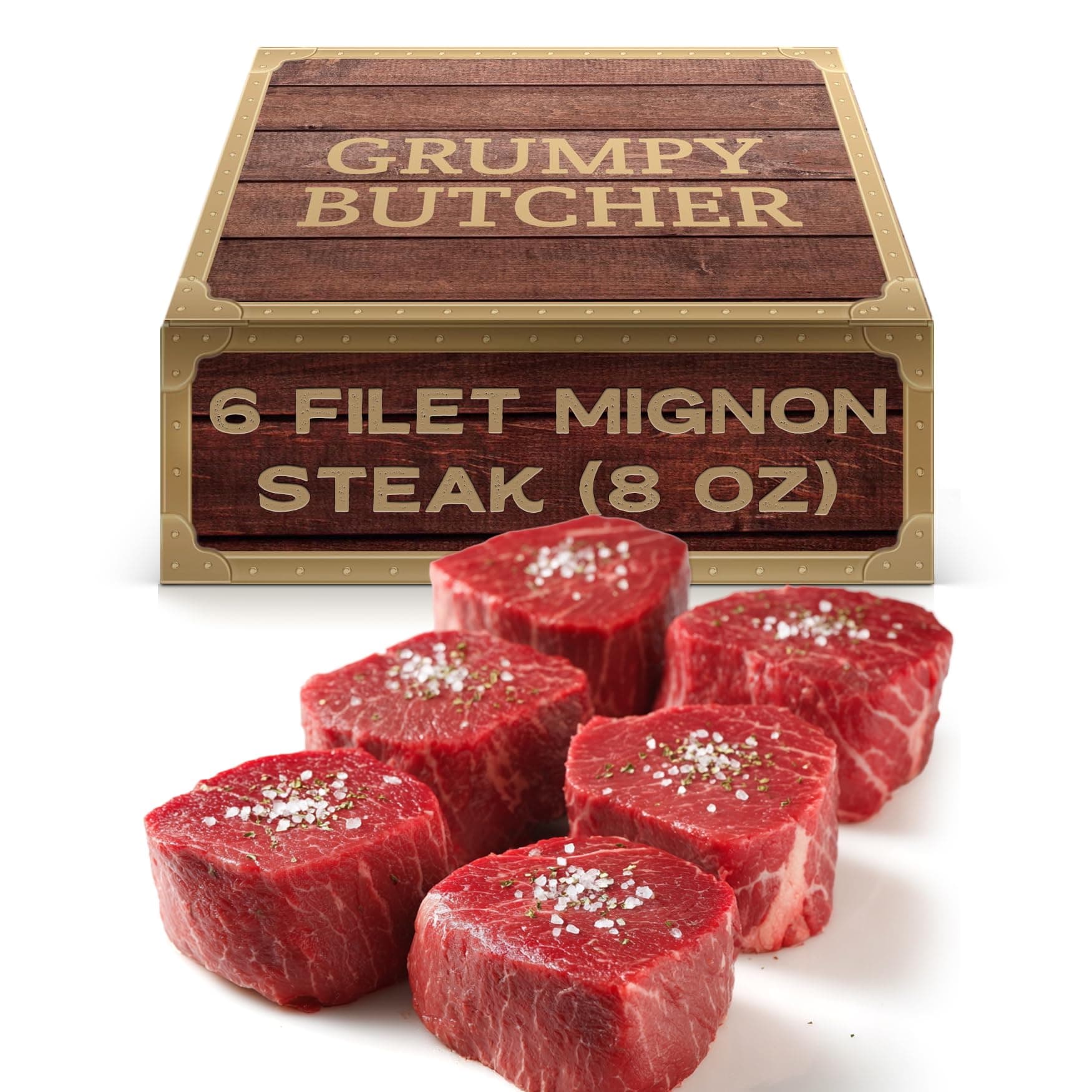 Grumpy Butcher Large Filet Mignon Steaks, 6 Pack (8 oz each) - Prime Steakhouse Size Beef Tenderloin Filet Steak Meat - For Delivery in Grumpy Butcher Meat Gift Packages Specials Option