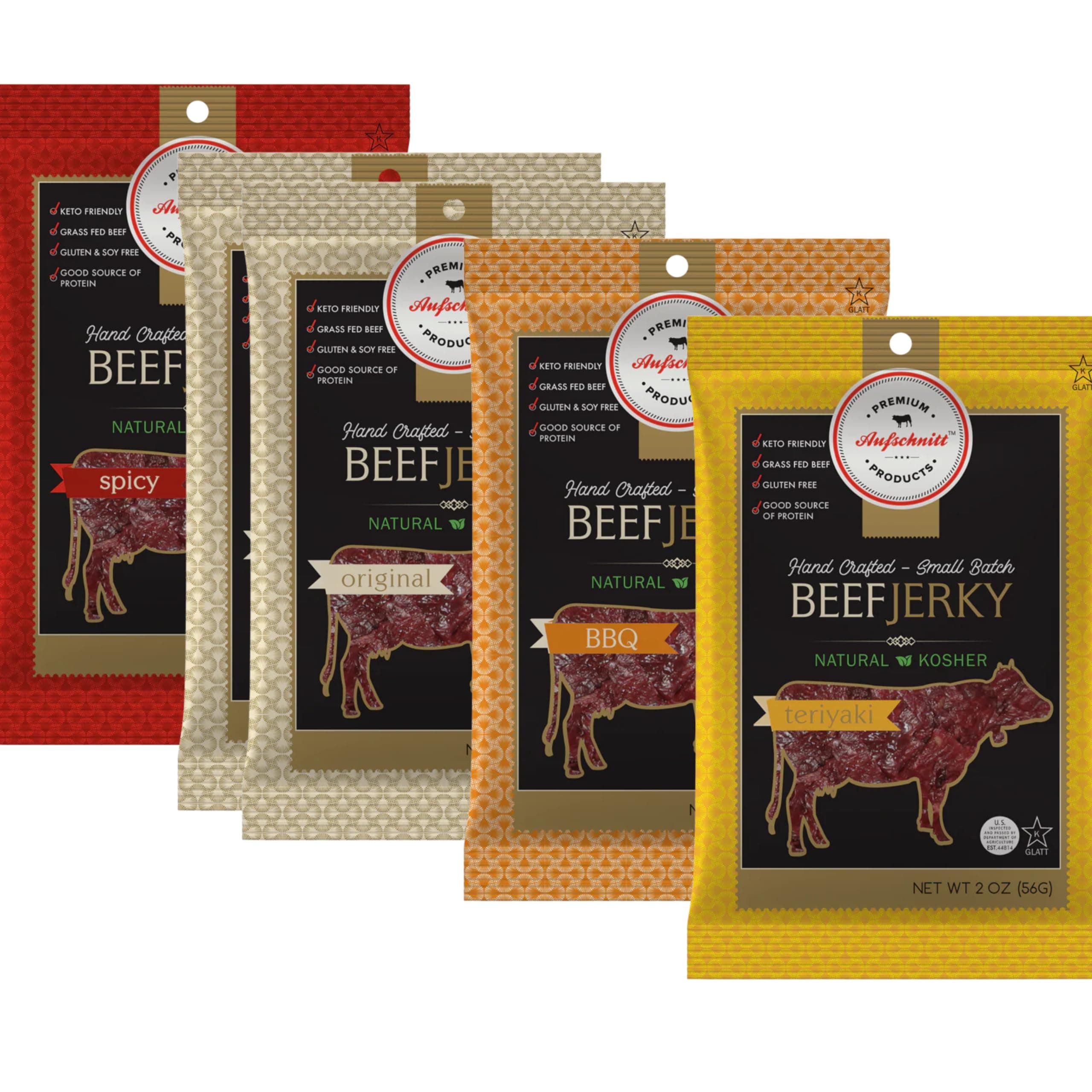 Aufschnitt Grass Fed Beef Jerky - Low Sodium, Certified Kosher - Made in USA - Keto Friendly - 5 Pack, Variety Pack
