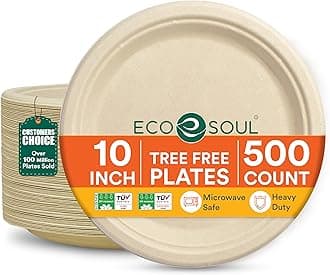 ECO SOUL 100% Compostable Paper Plates 10 Inch [500-Pack] Biodegradable Heavy Duty Eco-Friendly Disposable Plates for Christmas Dinner, Parties, Wedding & Event