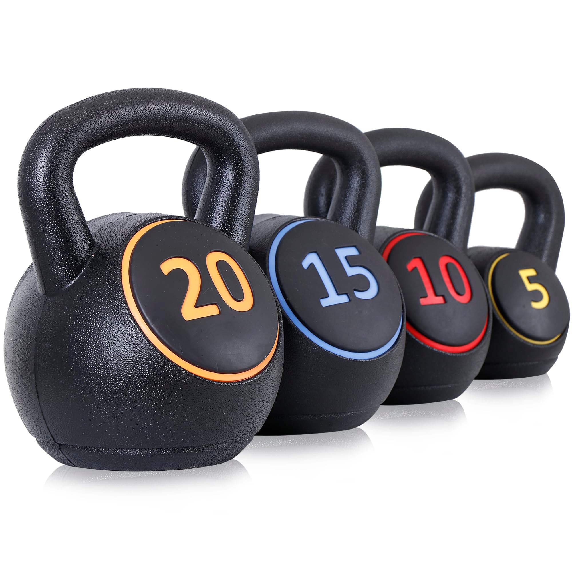 Kettlebell Sets 4 Piece Strength Training KettleBells Weight Set 5lb, 10lb, 15lb, 20lb HDPE Coated Concrete Kettle bell Core Training or Women & Men for Full Body Workout & Exercise Fitness