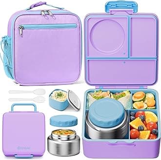 Fimibuke Kids Bento Lunch Box with Thermos, Leakproof Toddler Bento Box with 8.5 OZ Insulated Food Jar, Lunch Bag & Utensils BPA Free Dishwasher Safe 3 or 4 Compartment Container for School Girls Boys
