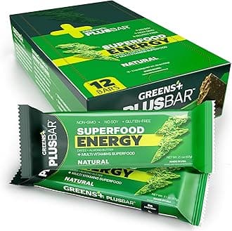 Plusbar Energy, Natural, Gluten-Free Snack with Super Greens, Superfoods & Almond Butter, Vegan, Dairy-Free, Non-GMO, 10g Protein Meal Replacement, 12 Pack