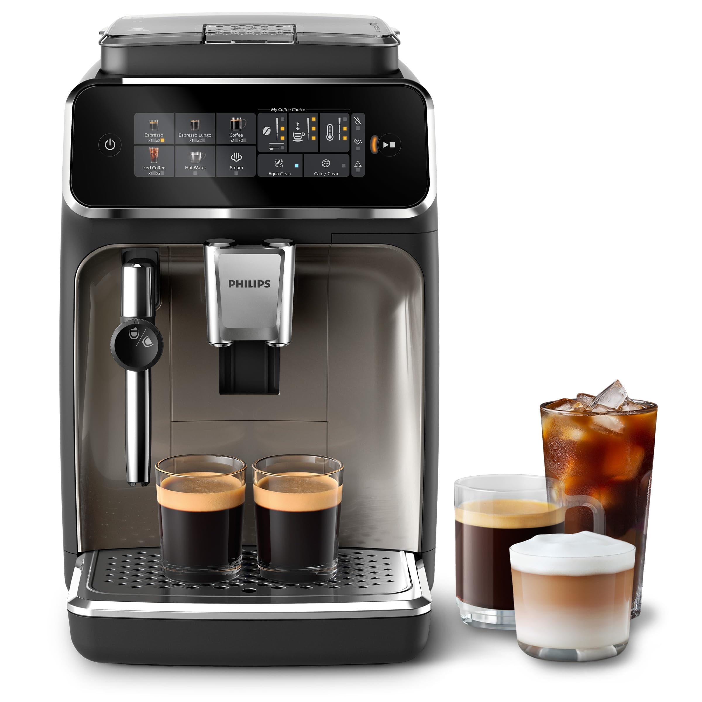 Philips 3300 Series Bean to Cup Coffee Machine - 5 Hot & Iced drinks, Classic Milk Frother & Cappuccino Maker, Quick-to-Clean, 40% Quieter, Ceramic Grinder, Fully Automatic Espresso machine EP3326/90