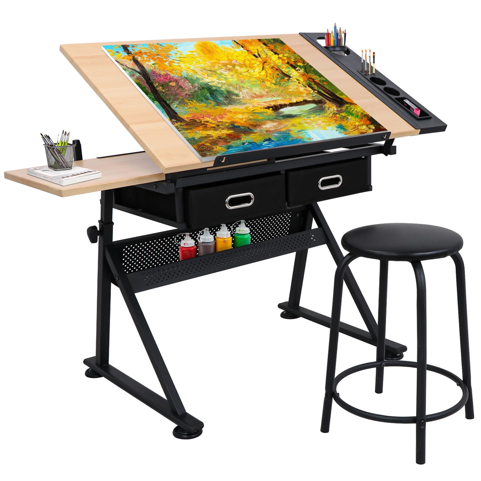 Adjustable Height Drafting Desk Drawing Table Tiltable Tabletop for Reading, Writing Art Craft w/Stool and Drawers