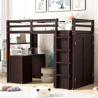Twin Size Loft Bed Multifunctional Twin Bed Frame with Desk and Drawers Loft Bunk Bed Over Desk with Ladder and Safety Guardrail,Strong Solid Wood Slats Support,Espresso