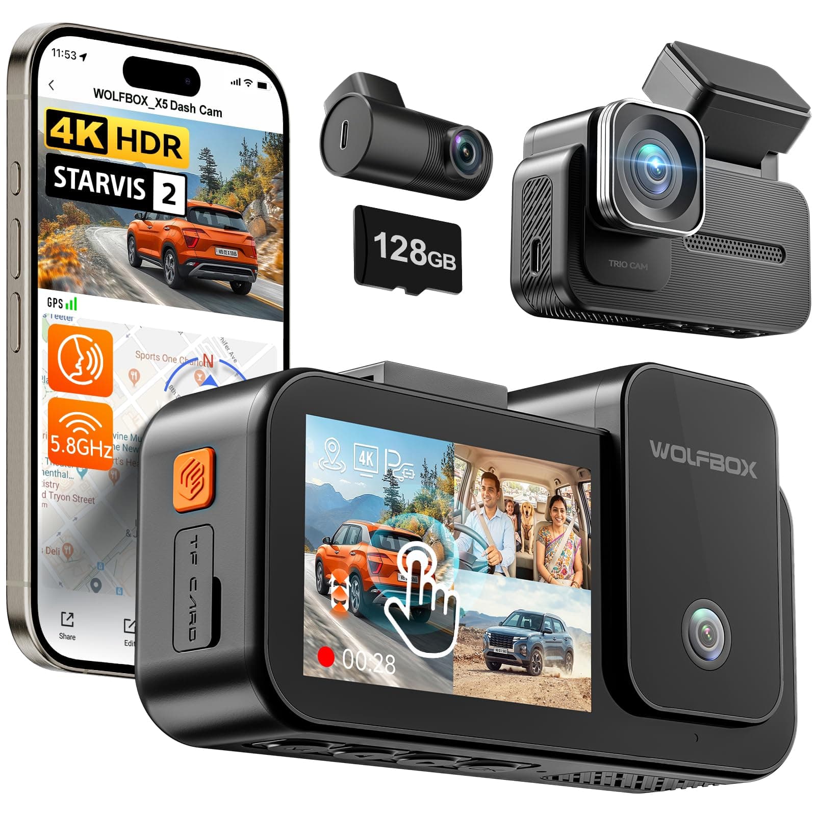 - X5 3 Channel Dash Cam for Car, 4K + 2.5K + 1080P Front and Rear Inside Dash Cam with 5.8GHz WiFi GPS, 8MP STARVIS 2 IMX678, HDR, Touchscreen, Voice Control