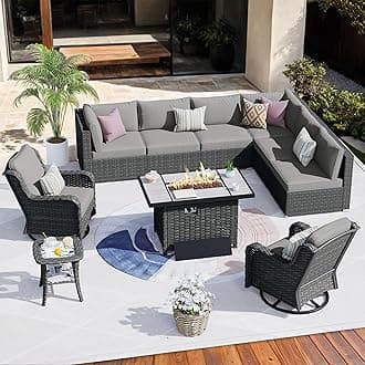 HOOOWOOO Patio Outdoor Sectional Furniture Sofa Set with Fire Pit Table,10 Piece L Shaped Wicker Couch Set with Swivel Chairs,Modern 8 Persons Summer Patio Conversation Set(Charcoal Gray)