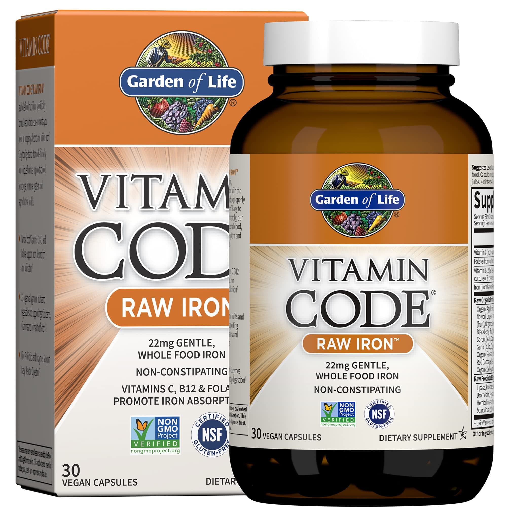 Vitamin Code Raw Iron Supplement - 30 Vegan Capsules, 22mg Once Daily Iron, Vitamins C, B12, Folate, Fruit, Veggies & Probiotics, Iron Supplements for Women, Energy & Anemia Support