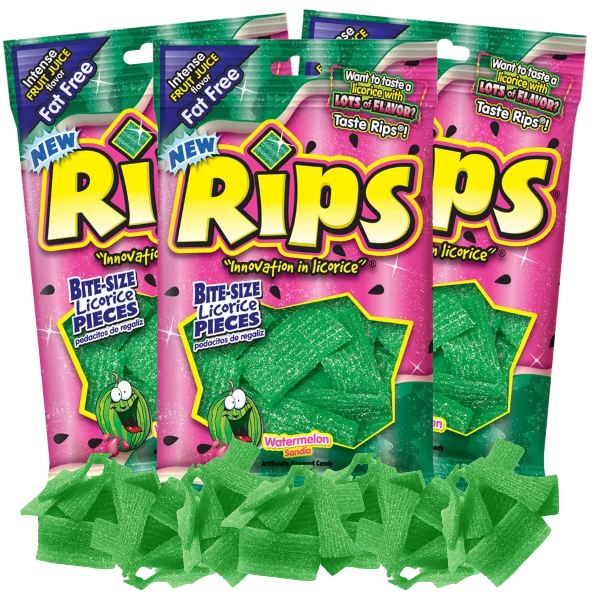 Rips Licorice Bite Size Candy, Watermelon Real Fruit Juice Flavored Fat Free Candies, Edible Cake and Cupcake Toppers for Birthday Parties and Events, Pack of 3, 4 Ounces Each