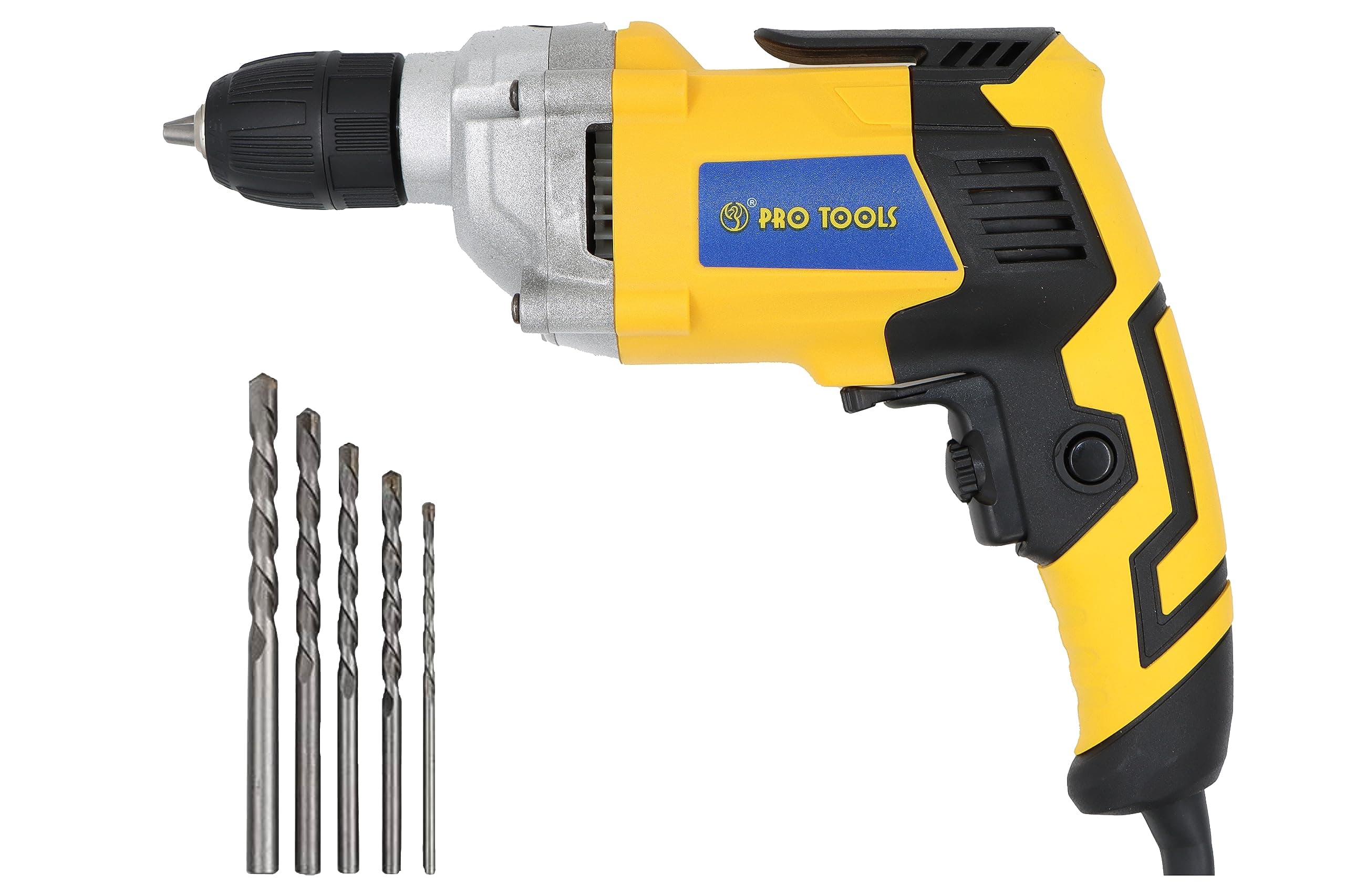 PRO TOOLS 1023-A, 10mm, 600W Impact Electric Drill Machine, Copper Armature, 10mm Keyless Auto Chuck, 3200 RPM, 2 Mode Selector, Forward/Reverse with Variable Speed with 5 Pieces Bits