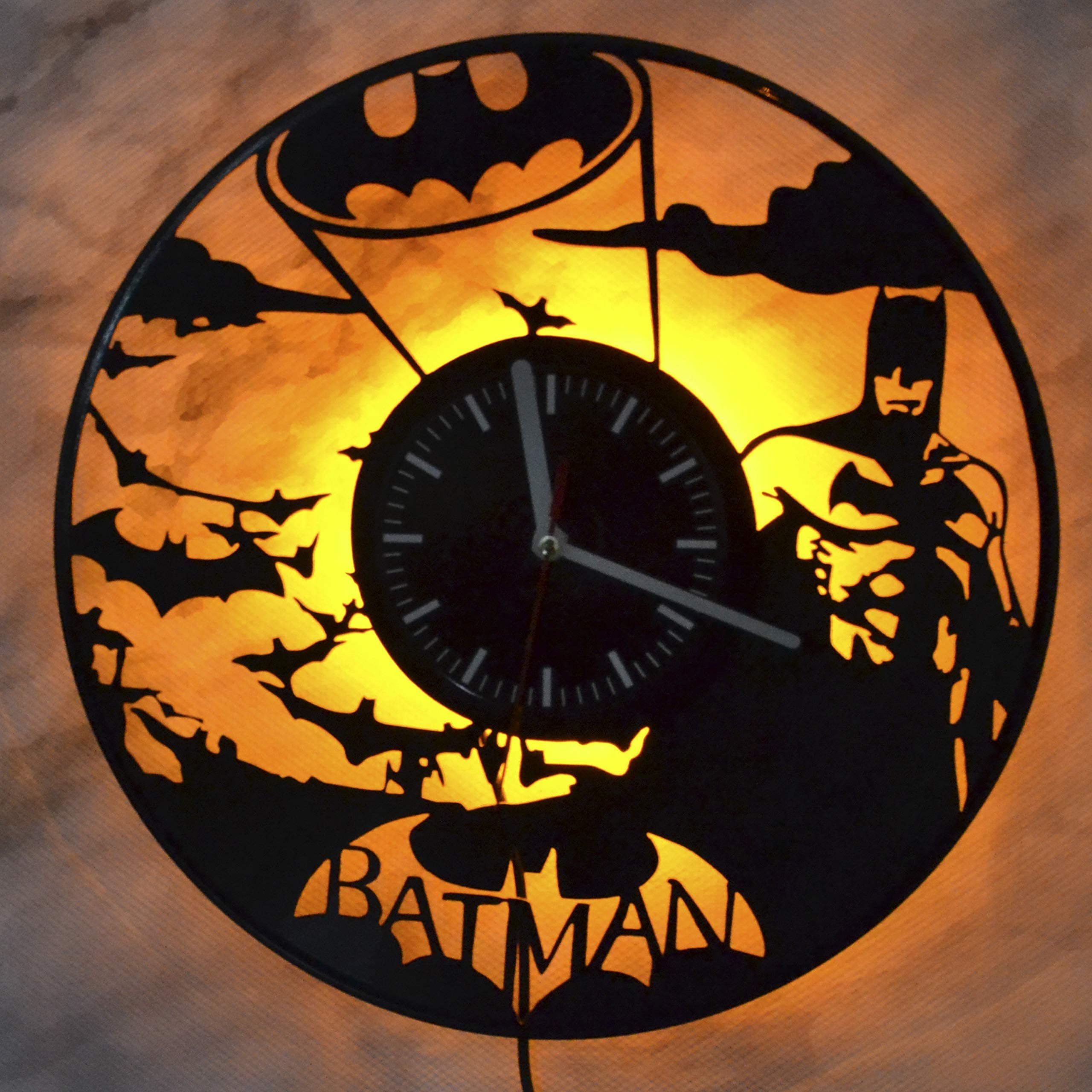 Batman Fictional Super Hero DC Comics Night Light Wall Lights Vinyl Record Wall Clock Home Decor Idea Vinyl Recor Art Wall Lighting Perfect Gift for DC Comics Lover Birthay Gift New House