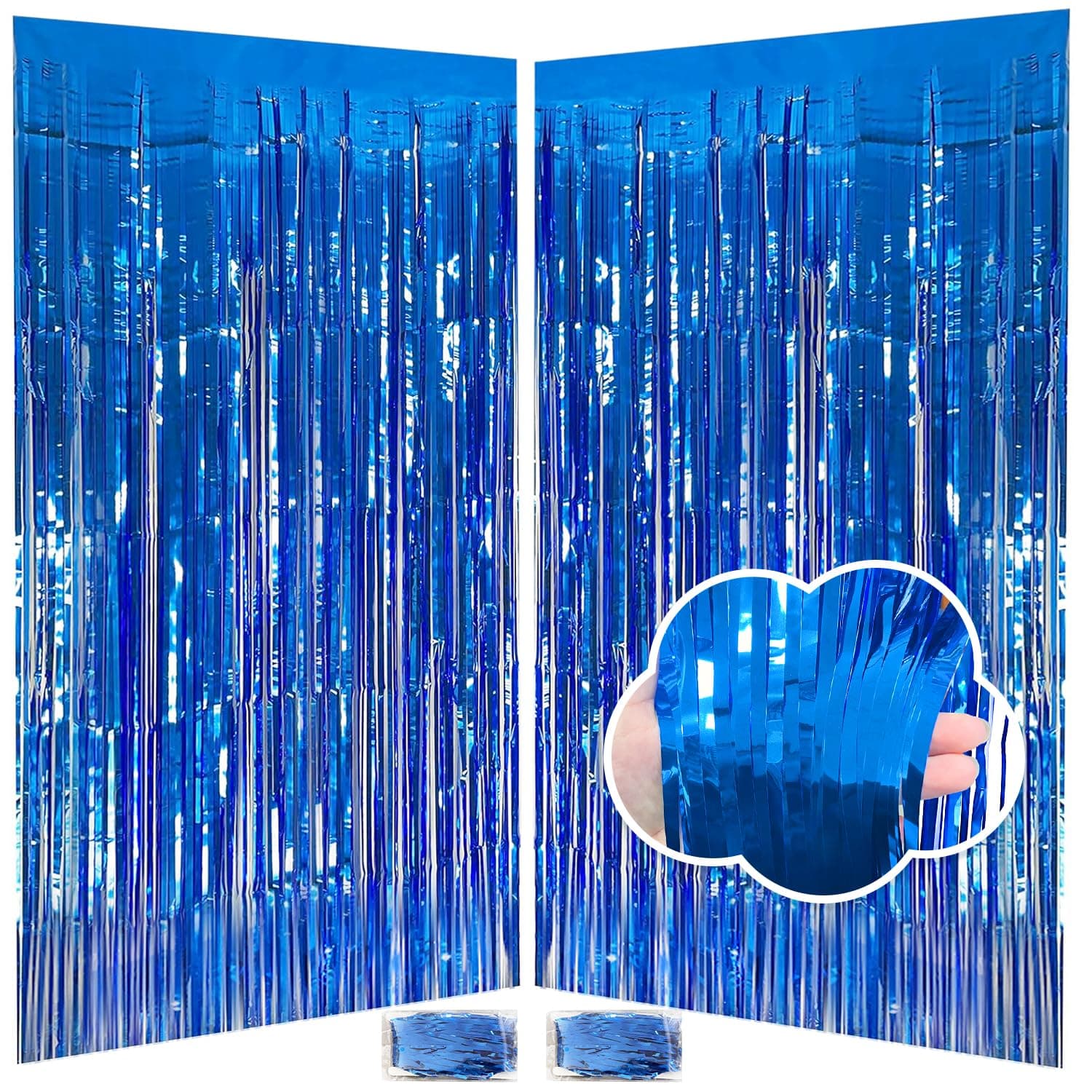 Blue Streamers Party Decorations 3.3x8.2ft, 2 Pack Dark Blue Tinsel Backdrop for Ocean Themed Party Decor, Glitter Blue Foil Fringe Curtains for Door Decorations Hanging Birthday Baby Shower Halloween