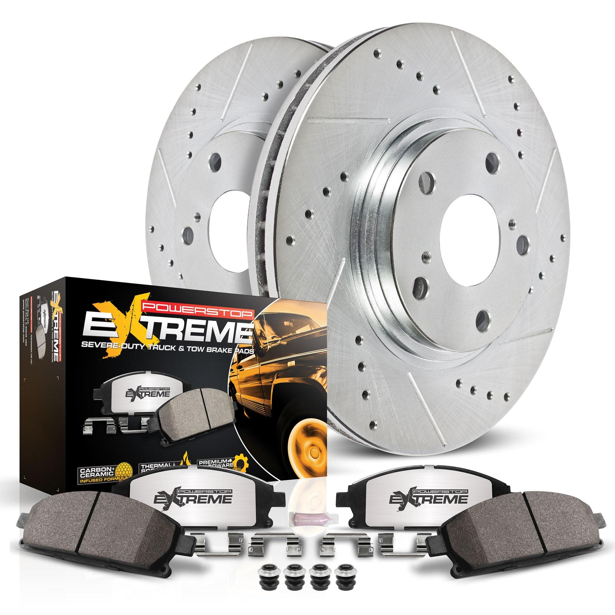 PowerStop Front Brake Kit For Chrysler Aspen 2007-09 |Dodge Durango 2007-09 |Ram 1500 2006-18 - Truck & Tow Carbon Fiber Ceramic Brake Pads + Drilled & Slotted Rotors Upgrade, K2163-36