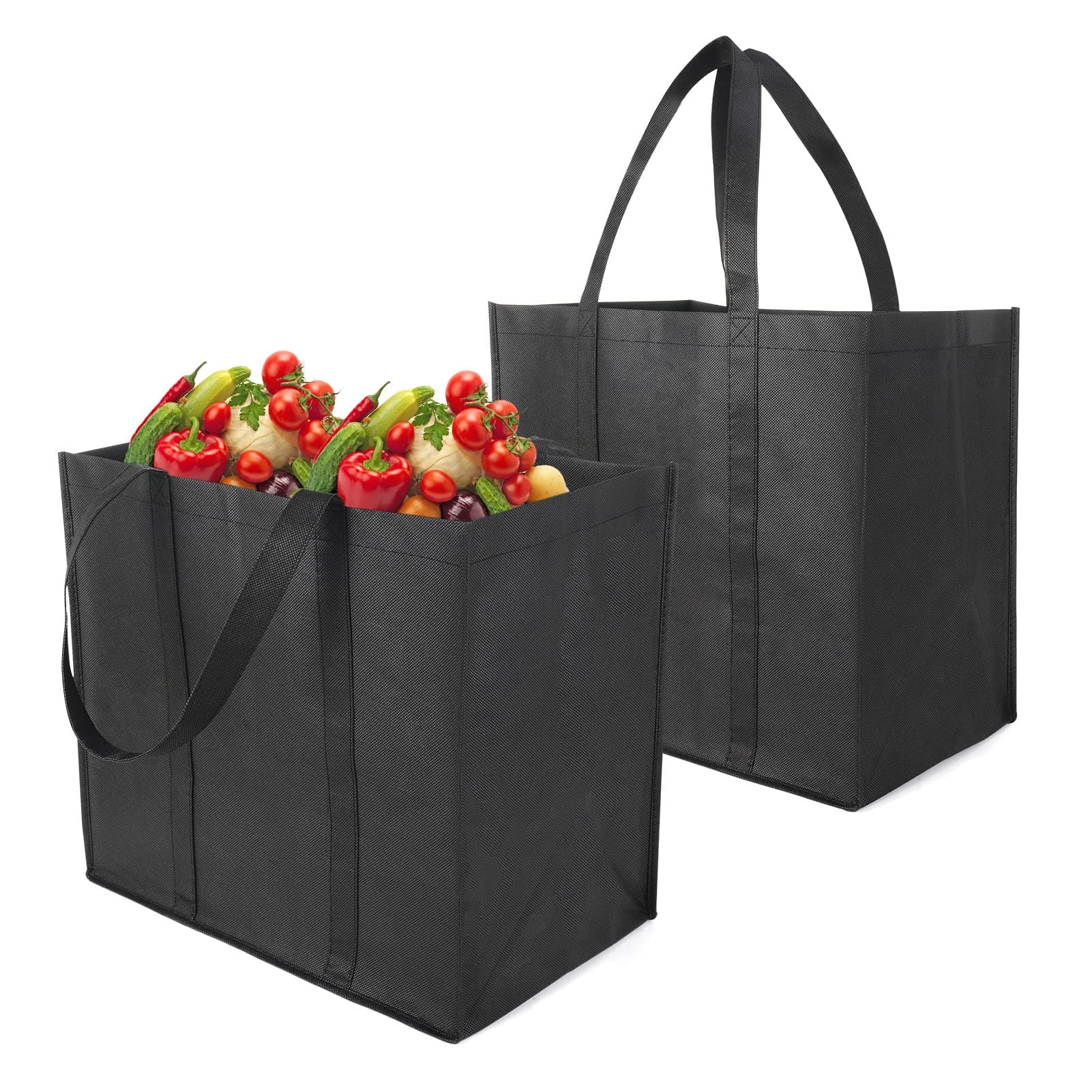 ALTcompluser Pack of 2 Black Foldable Large 38 x 25 x 35 cm Reusable Shopping Bags with Carry Handles for Shopping, Picnic, Camping, Travel