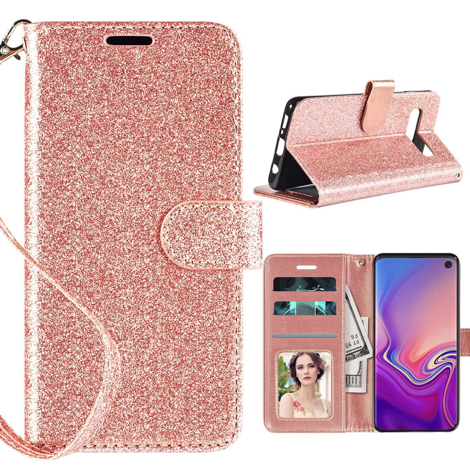 Samsung Galaxy S10e Case／S10 Lite Case Wallet, Casekey [Kickstand] [Card Slots] [Wrist Strap] 2 in 1 Glitter Magnetic Flip PU Leather Wallet Case for Samsung Galaxy S10e/S10 Lite, Rosegold