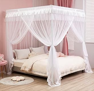Mengersi Canopy Bed Curtains - King Size, Luxurious Cozy Drapes with Mosquito Net (King, White)