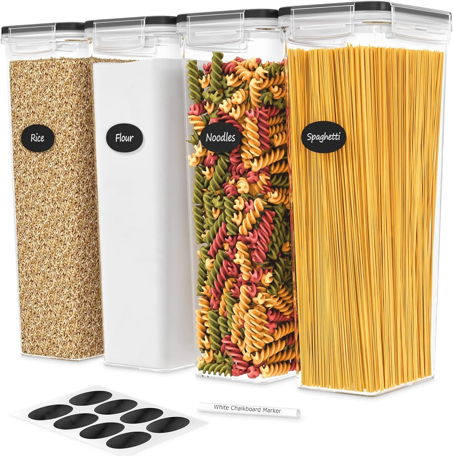 PREMIFY 4pcs Airtight Food Storage Container Set, 2.8L Plastic Kitchen Containers & Storage, Fridge & Kitchen Organizers Locking Lids & Labels & Marker, Rectangular (Space Saving) Leakproof, BPA-Free