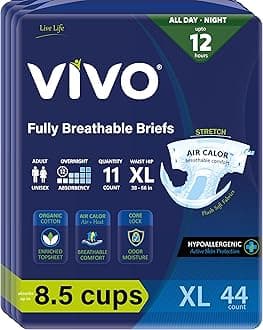 VIVO Organic Cotton Overnight Sensitive Skin Adult Incontinence Diaper Briefs with Tabs, X-Large 44 Count