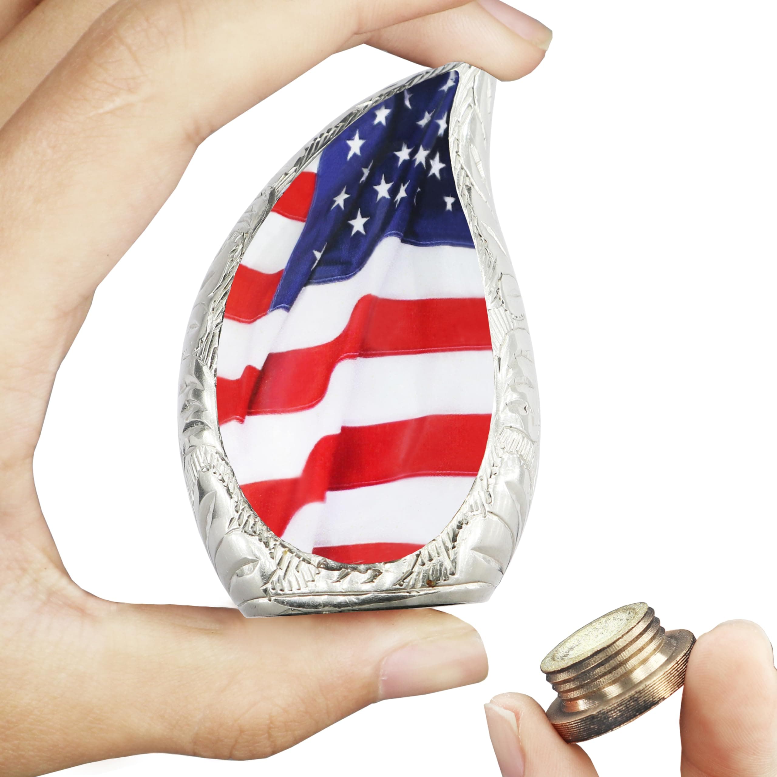 M MEILINXUSmall Urns for Human Ashes Keepsake, Urn for Ashes for Women & Man, Tear Drop Decorative Urn for Male & Female, Patriotic Flag, Brass Engraving, Veteran, Teardrop Urns - Mini Size