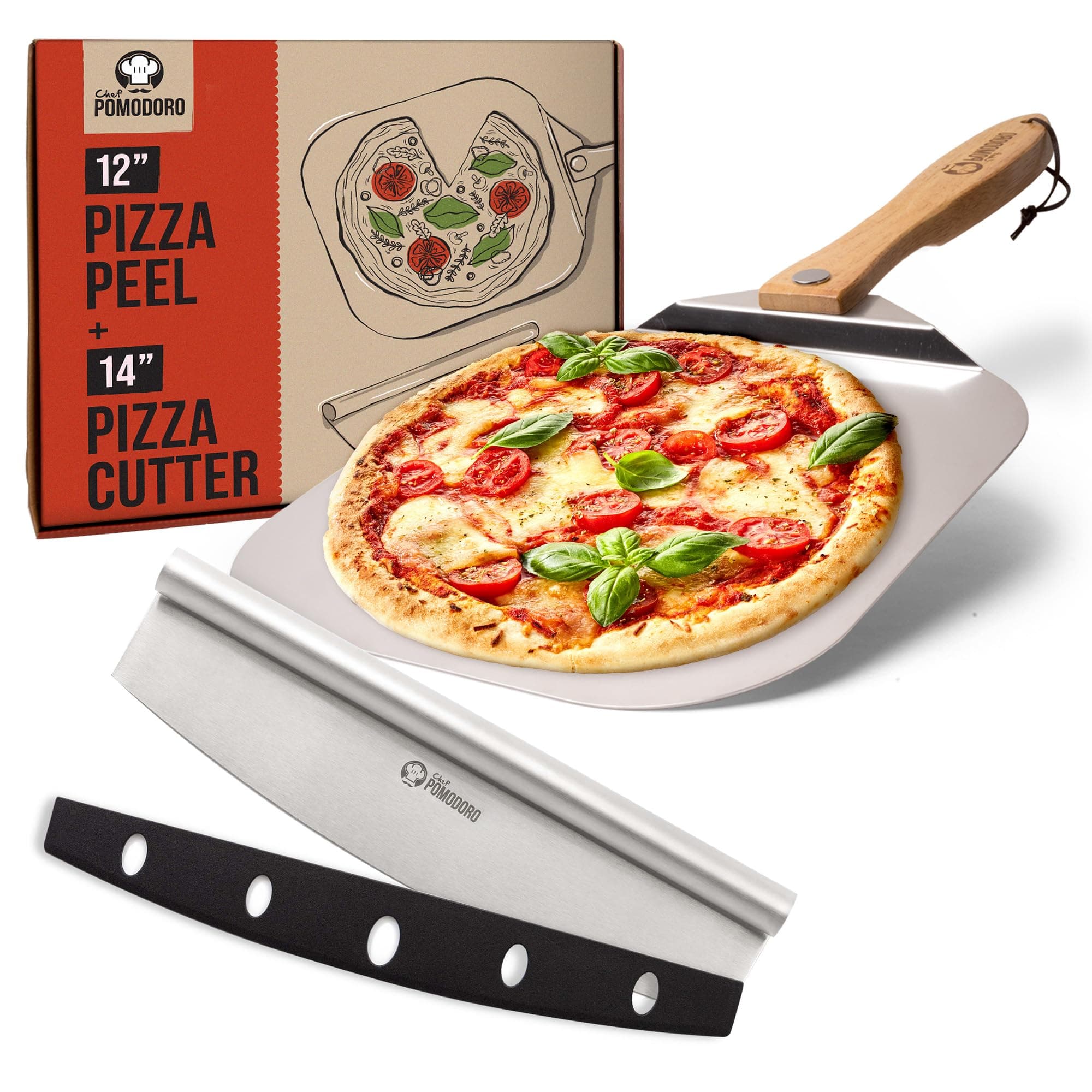 Chef Pomodoro Pizza Peel, Pizza Paddle with Safety Backstep and Foldable Wood Handle for Easy Storage, Metal Pizza Peel for Baking Homemade Pizza (30.5 x 35.6 cm + 35.5 Cutter)
