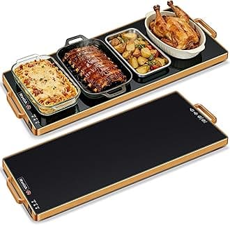 Electric Warming Tray（XXL 32”x18”） with Thermostat & 78" Power Cord,Handles Food Warmer with Adjustable Temperature -Keep Food Hot for Parties,Gatherings,Heat Resistant Tempered Glass Surface,Black