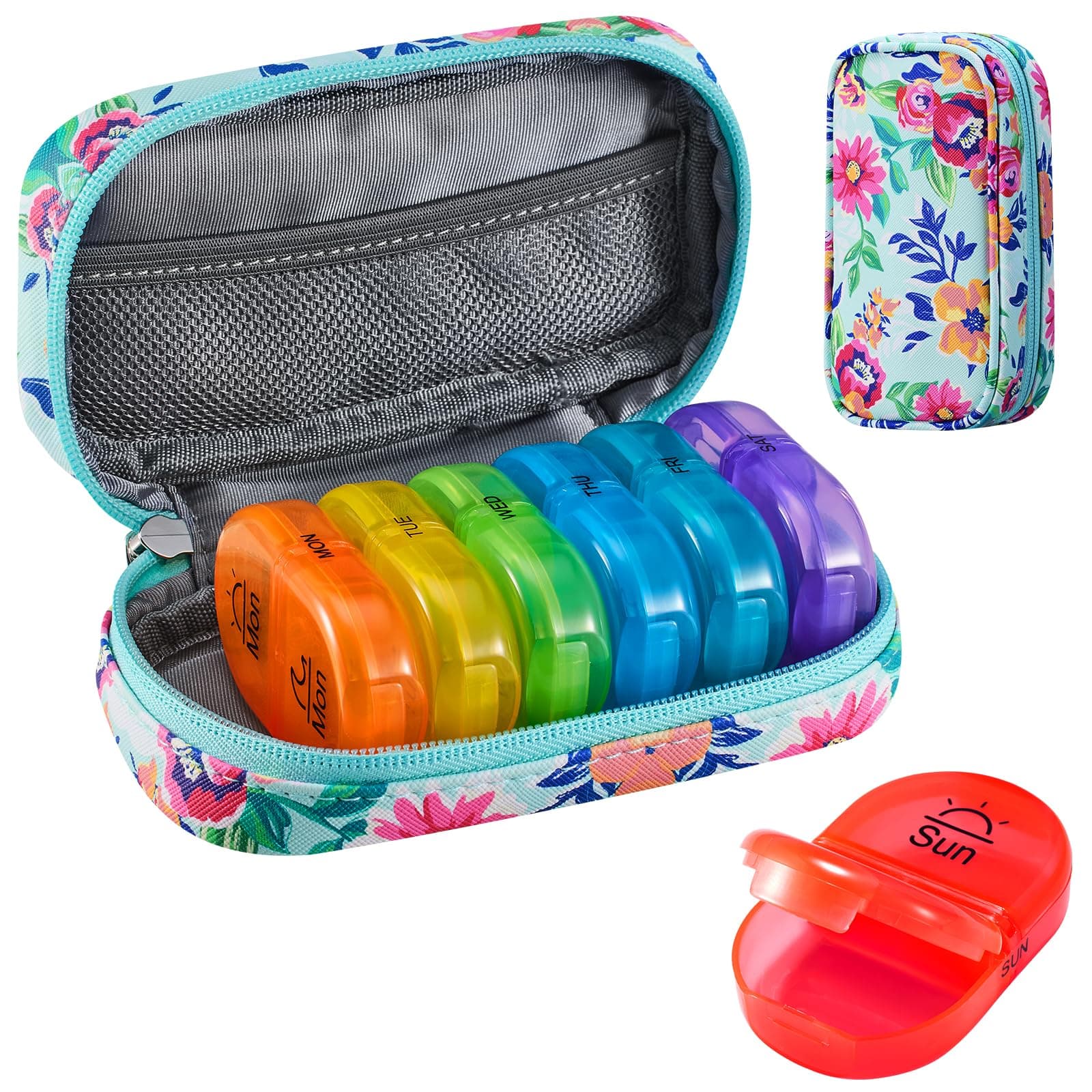 Pill Boxes 7 Day 2 Times a Day AM PM Medicine Organiser Weekly Tablet Organiser Rainbow Pill Box with Portable Zipper PU Leather Pill Case for Pills, Supplement, Fish Oils, Vitamin- Green 01