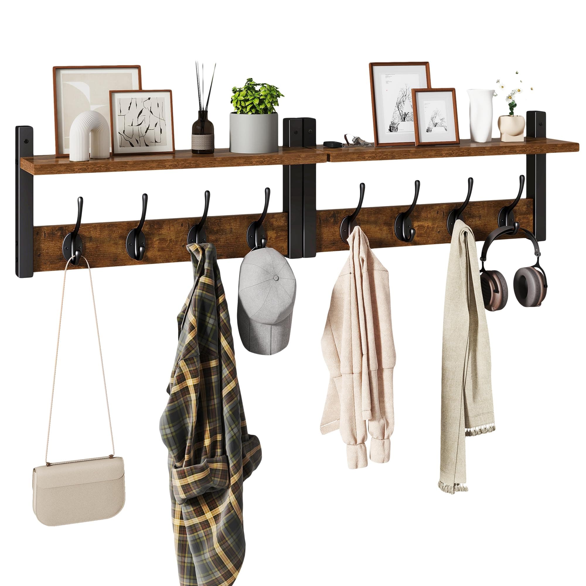 Coat Rack Shelf Wall Mounted, Coat Hooks Set of 2, Entryway Coat Hanger with 8 Hooks, 31.5" Wall Floating Shelf with Hat Rack, for Kitchen, Bedroom, Bathroom, Rustic Brown UHWS001H-2