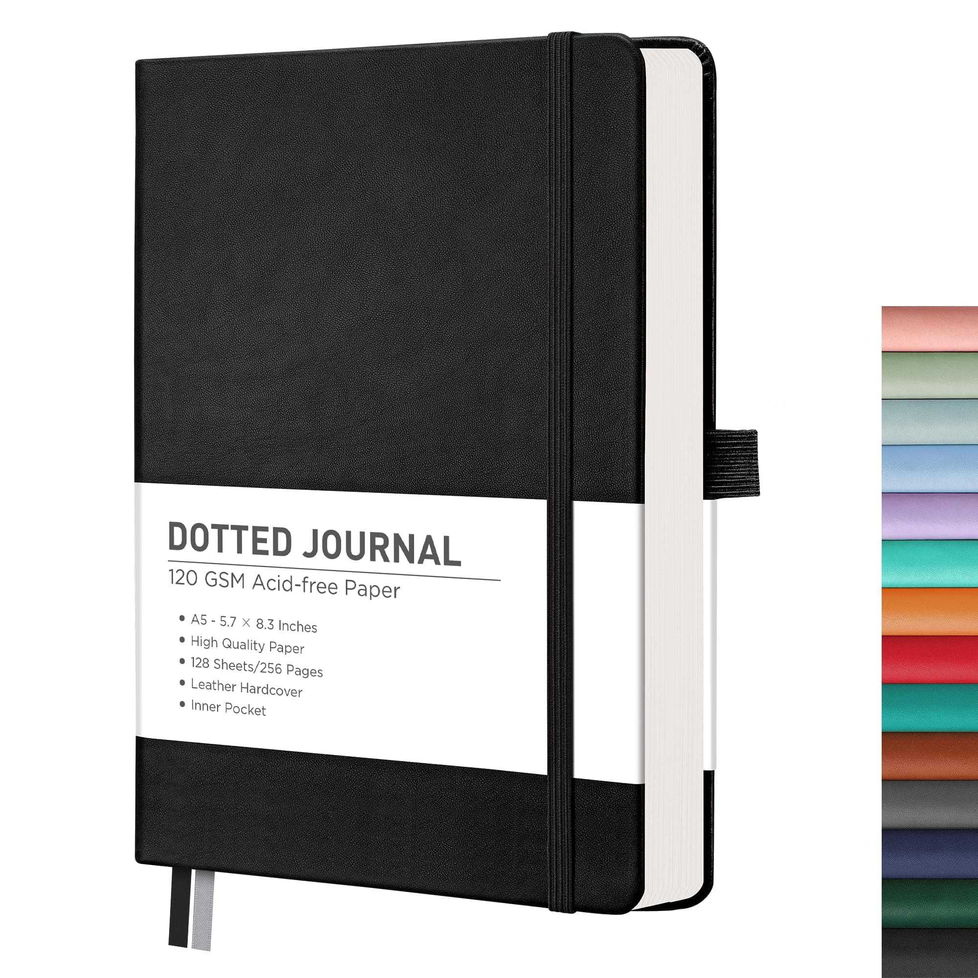 Dotted Journal Notebook, 256 Pages, A5 Medium Size (5.7'' × 8.3''), Leather Hardcover, 120 GSM Thick Paper, for Journaling, Planning, Tracking (Black)
