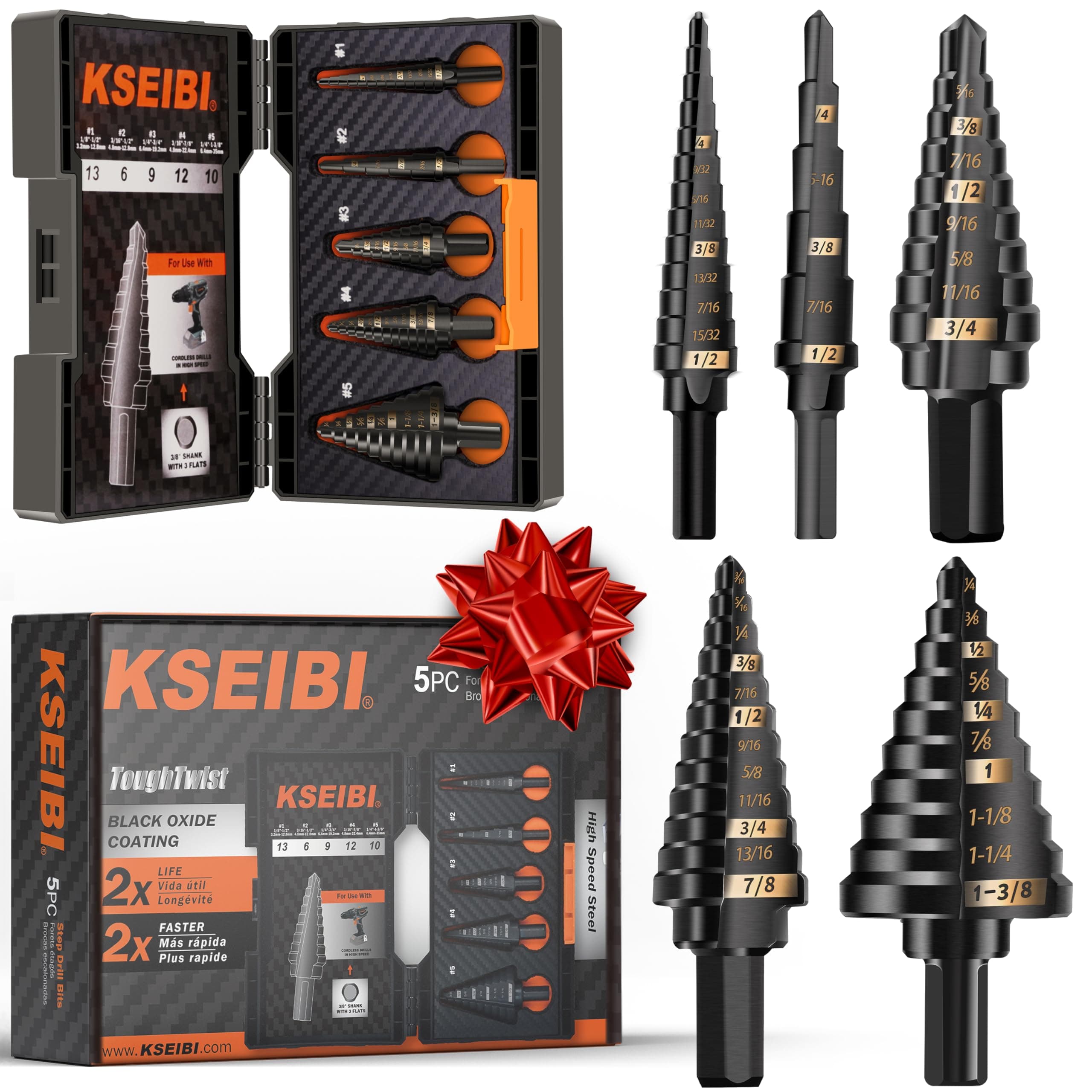 Step Drill Bit Set, High Speed Steel Black Oxide HSS Drill Bits with 3//8 Shank with 3 Flats for Woodworking, Metalworking (5PCS Step Drill Bit Set, 3-Flat)