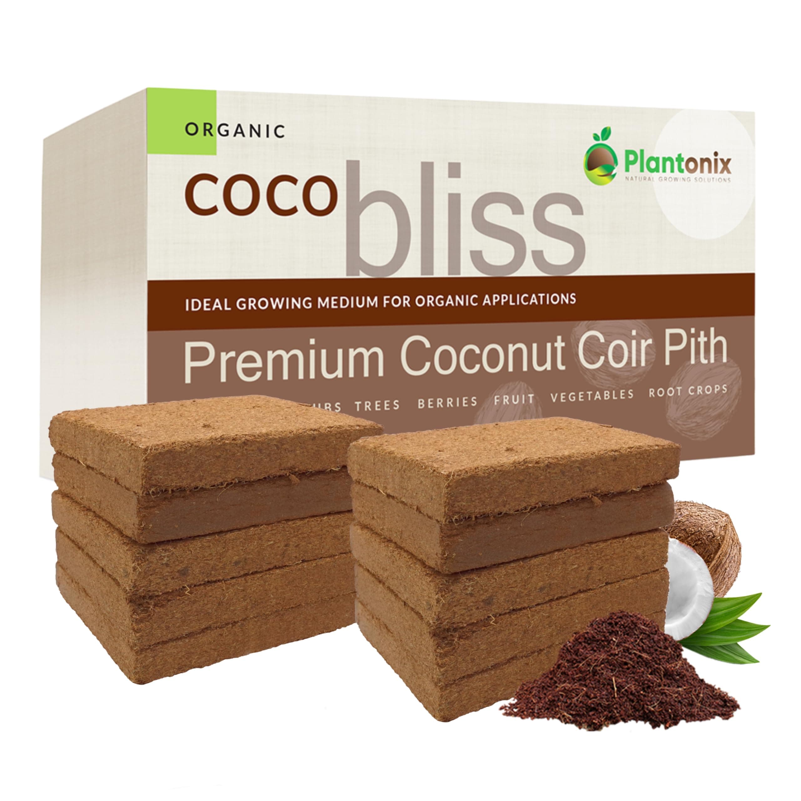 Coco Bliss - Premium Coconut Coir Pith with Low EC and pH - 100% Organic and OMRI Listed Potting Soil Substrate for Plants, Seeds, and Gardens (250 Grams, 10 Bricks)