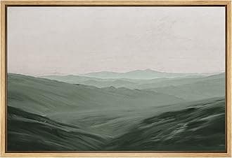 Framed Canvas Wall Art Monochromatic Green Mountains and Valleys Landscape Wilderness Oil Painting Impressionism Traditional Scenic for Living Room, Bedroom, Office - 24x36 inches