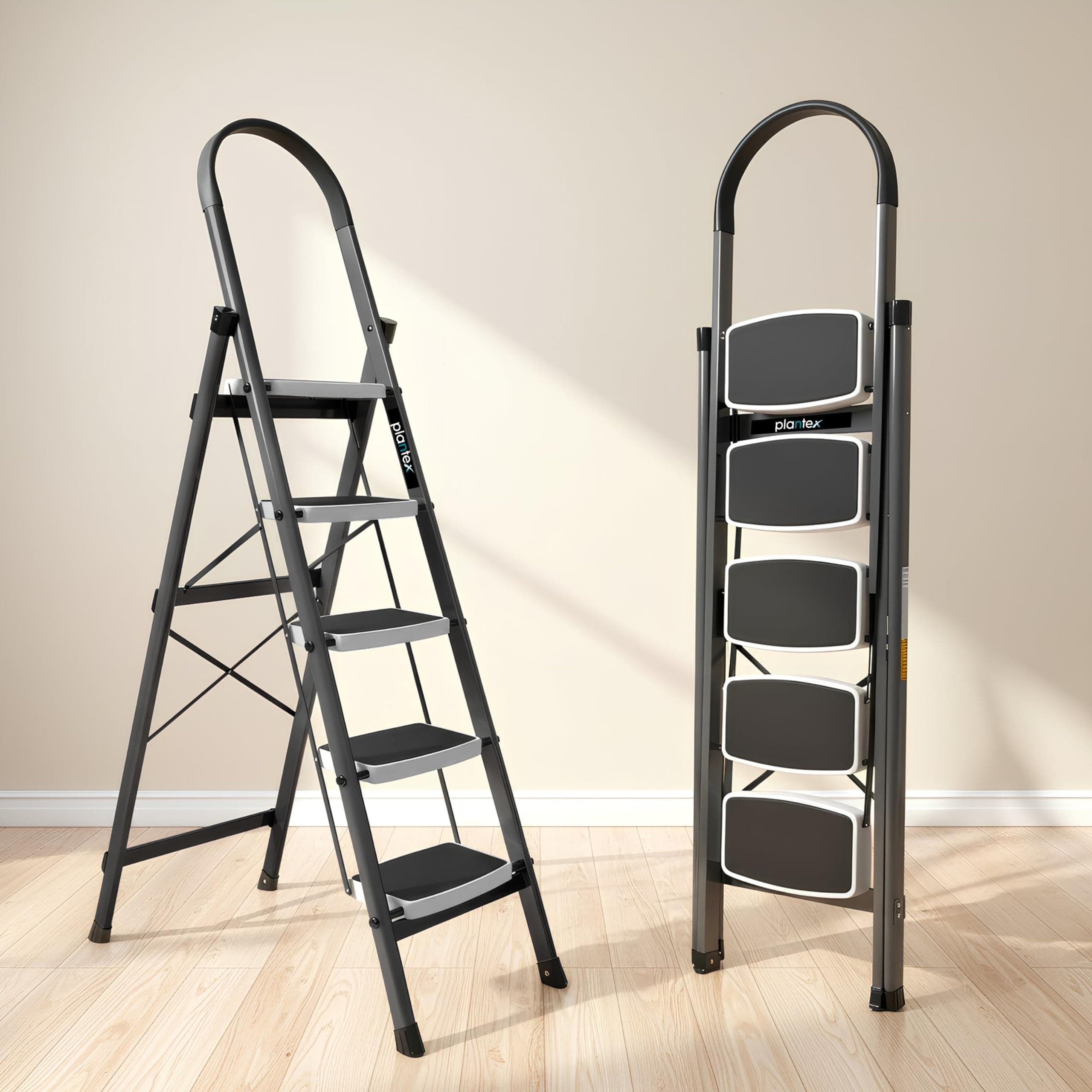 Steel 5 Step Ladder for Home/Wide Anti Skid 5 Step Ladder Foldable/5 Year Manufacturer Warranty By Plantex (Gray & White)