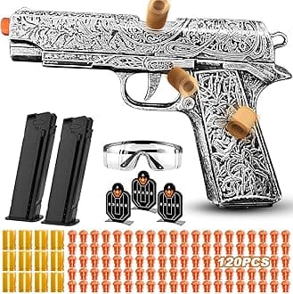 Automatic Shell Ejecting Toy Guns with 120 Soft Bullets, Cool Toy Pistol with Ejecting Shells, Retro Pattern Design Shooting Model Toys Gifts for Boys, Kids and Girls