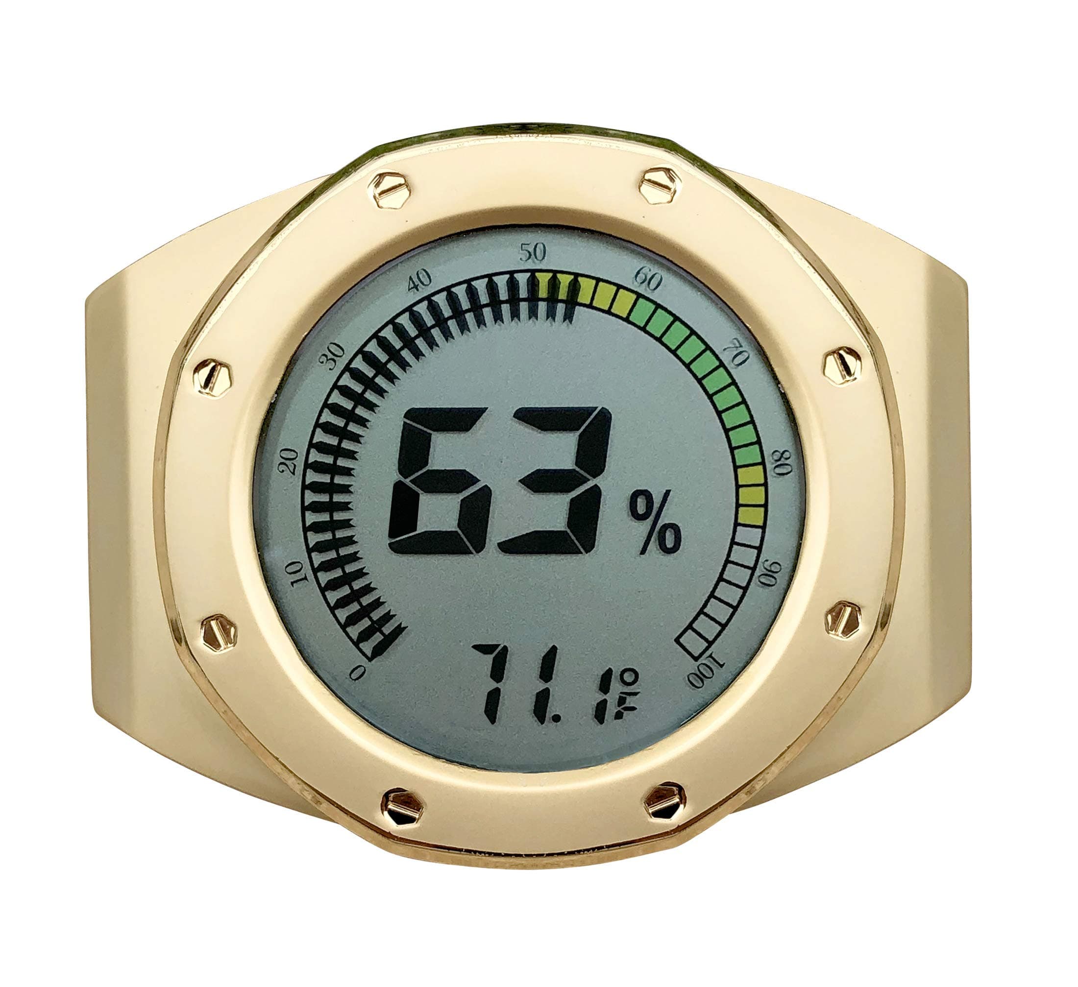 Prestige Import Group Distinctive Watch Style Bezel & Case Thermometer Hygrometer for Humidity & Temperature Monitoring with Digital LCD Display Gauge - Gold