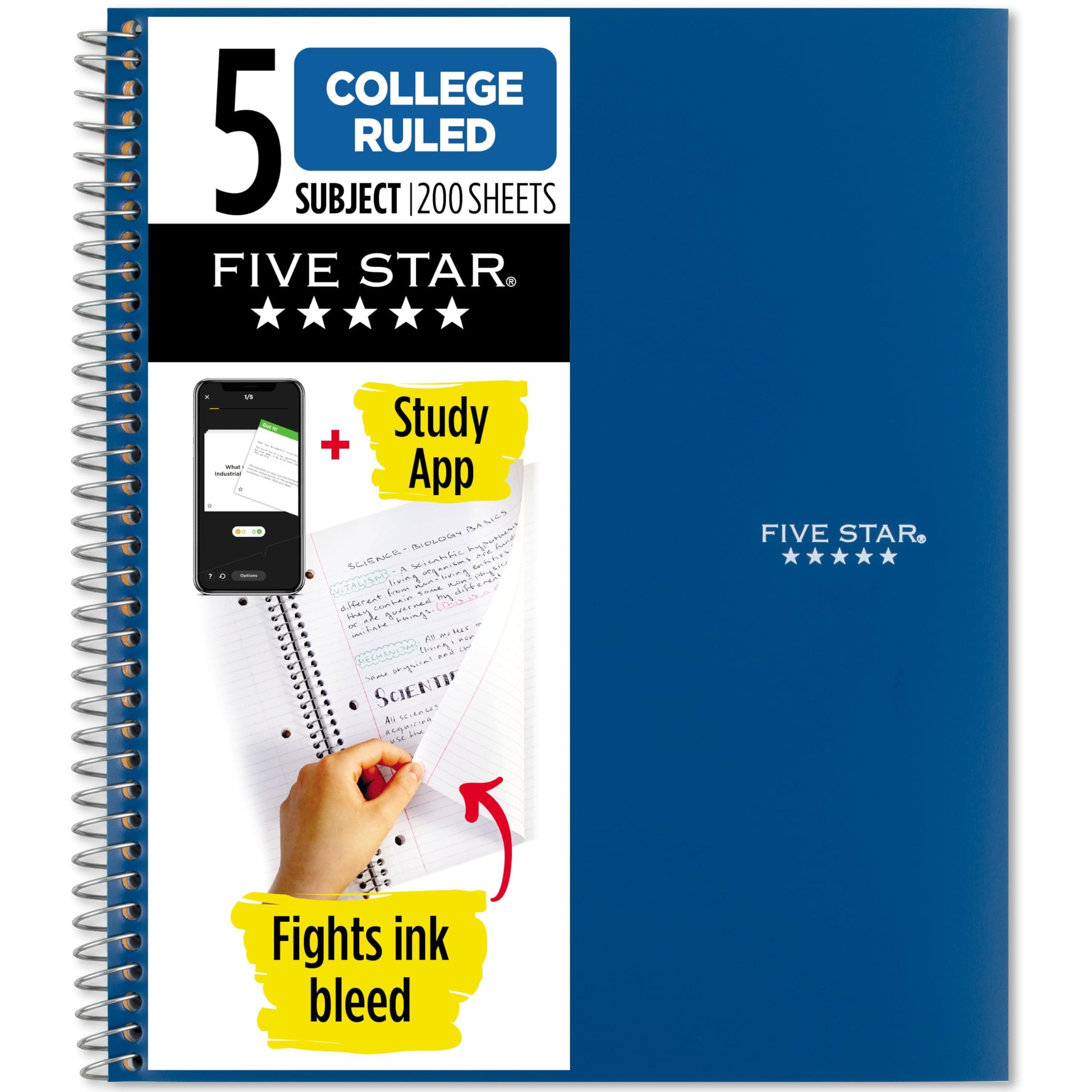 Five Star Spiral Notebook + Study App, 5 Subject, College Ruled Paper, 8-1/2" x 11", 200 Sheets, Fights Ink Bleed, Water Resistant Cover, Pacific Blue (73635)