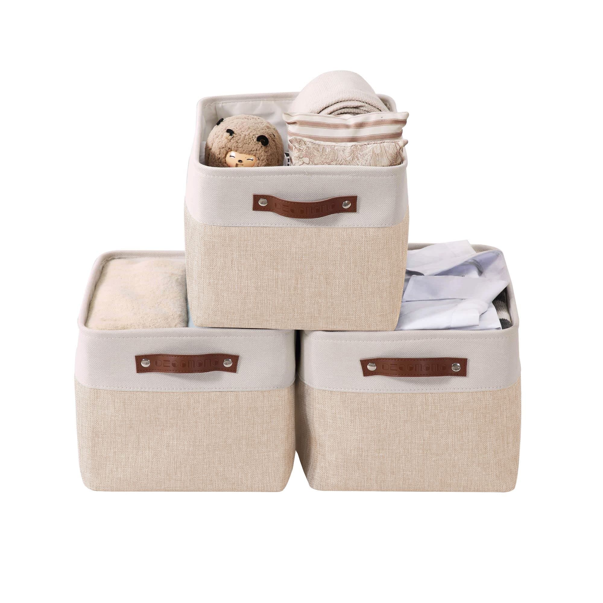 DECOMOMO Foldable Storage Bin Collapsible Sturdy Cationic Fabric Storage Basket Cube W/Handles for Organizing Shelf Nursery Home Closet (Khaki and White, Extra Large - 15.8 x 12.5 x 10)