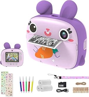 CAMCLID Instant Camera for Kids, 1080P Kids Camera Instant Print with No Ink Print Paper & 32G SD Card, Selfie Digital Camera & Video Camera with 2.4" Screen, Ideal Gift for Girls Boys 3-12 (Purple)