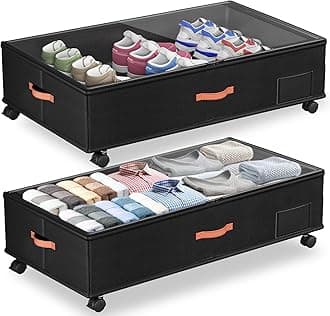 Under Bed Storage with Wheels,2-Pack Under Bed Storage Containers with Clear Lids,XXL Large Under the Bed Storage Organizer Bins With Handles,Space Saving Design for Clothes,Shoes,Books-Black