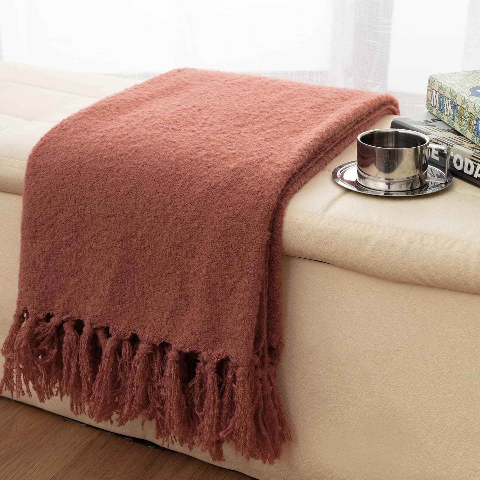 Fall Throw Blanket Lightweight Fuzzy Soft Cozy Decorative Blankets for Sofa Bed Farmhouse Throw Blanket Rust with Fringe 50" x 60"
