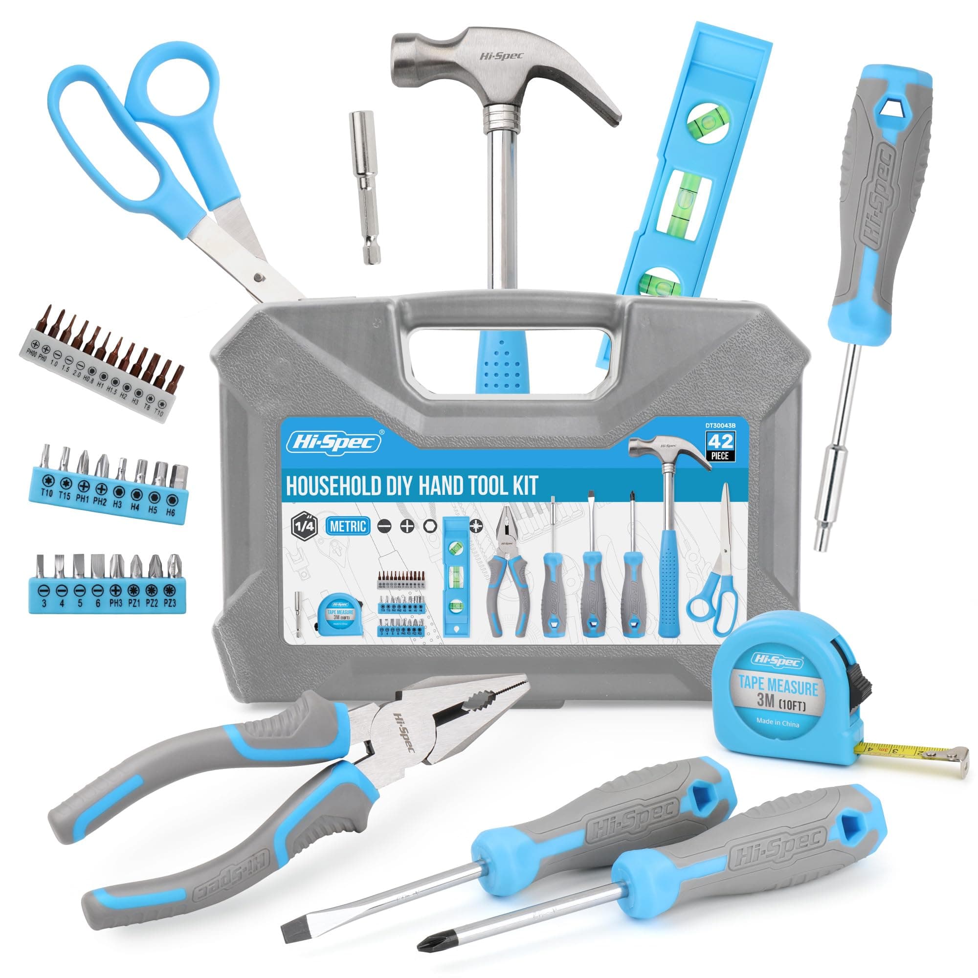 Hi-Spec 42-Piece Blue Household DIY Tool Set with Tool Box for Home, Office and DIY Repairs