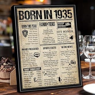 Benjia 1935 Poster Framed UK, Happy 90th Birthday Sign Card Party Decor Supplies Home Decoration Birthday Gift 90 Years Old Wedding Newspaper For Men Women (8x10 inch, Vintage)